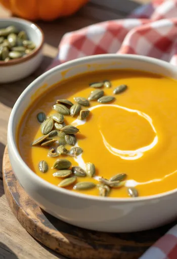Kürbiscremesuppe mit gerösteten Kernen serviert