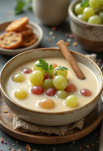 Kühlende Weintraubensuppe dekoriert mit frischen Trauben und Minze