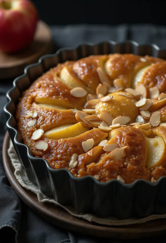Apfel-Mandel-Torte mit Apfelspalten und Mandelmehlschicht