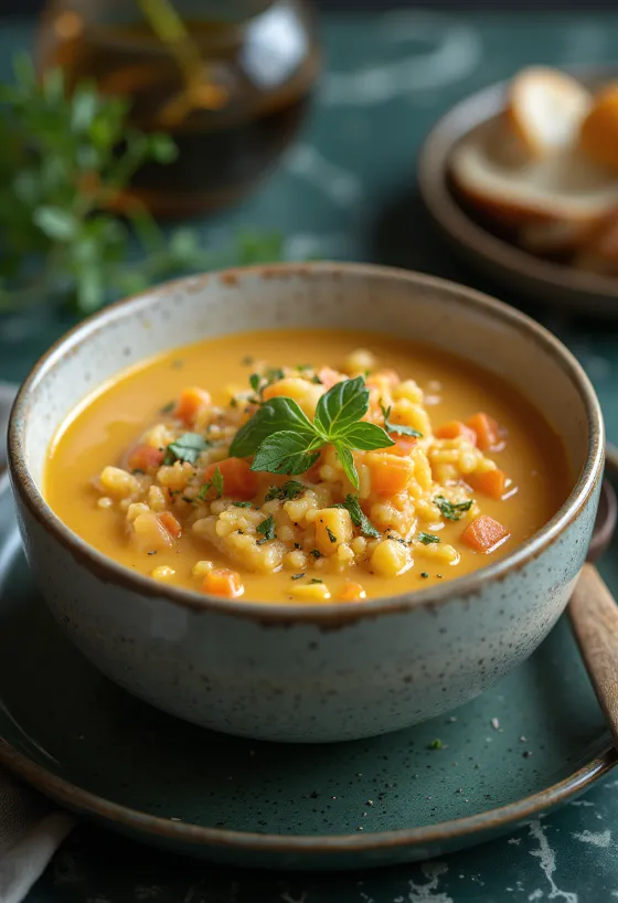 Servierte Gemüsecremesuppe mit Basilikum