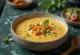 Servierte Gemüsecremesuppe mit Basilikum