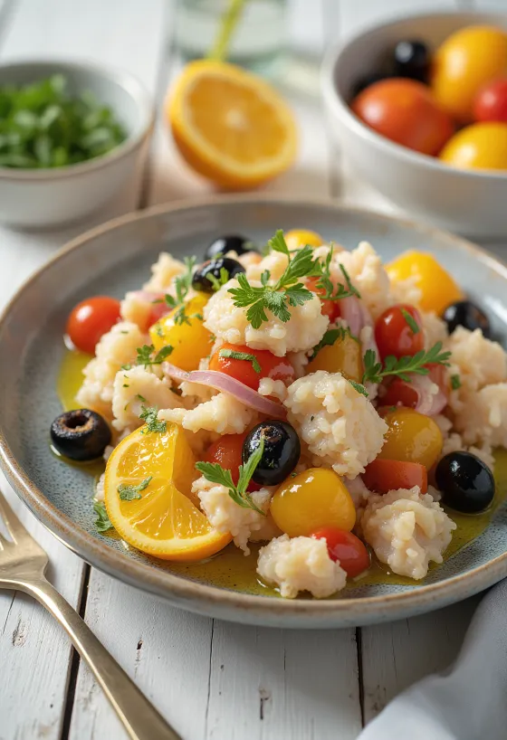 Esqueixada mit Orangen, frischer Kabeljau, Tomaten und Oliven serviert