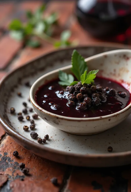 Rotweinsauce mit schwarzem Pfeffer serviert