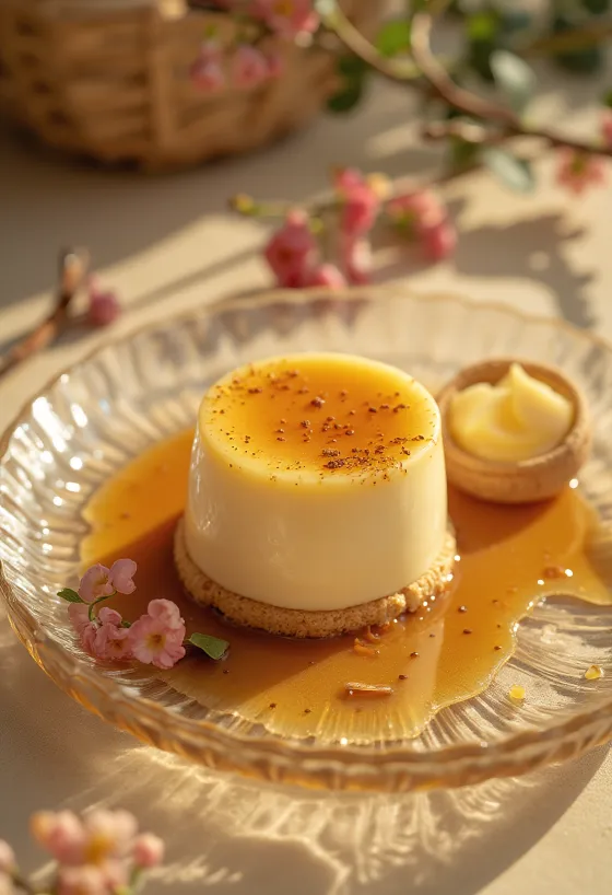 Karamell-Panna Cotta-Torte in Stücken serviert