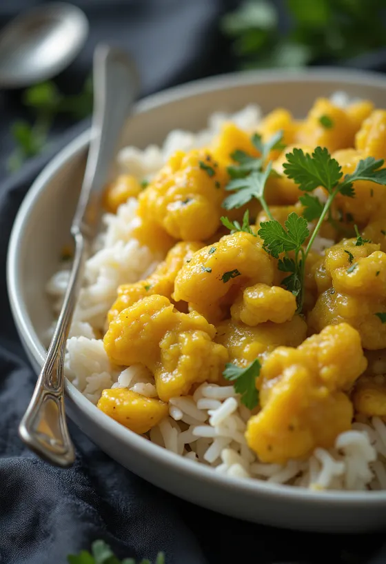 Blumenkohlreis mit Curry-Gemüse, frisch serviert.