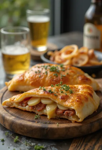 Frisch gebackene Calzone mit Kartoffeln und Wurst