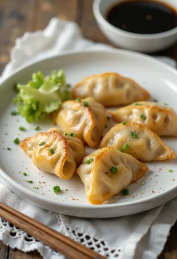 Lauch-Gyoza mit knusprigem Boden, serviert mit Sojasauce-Dip
