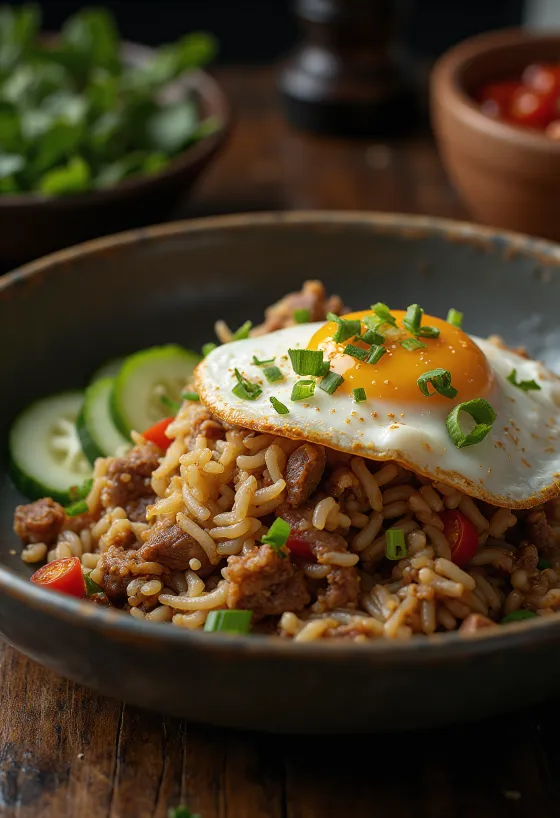 Nasi Goreng mit Rindfleisch und Spiegelei serviert