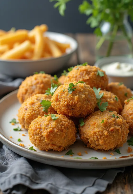 Goldbraun gebackene panierte Champignons in knuspriger Hülle, serviert mit frischem Salat und Sauce Tartare.