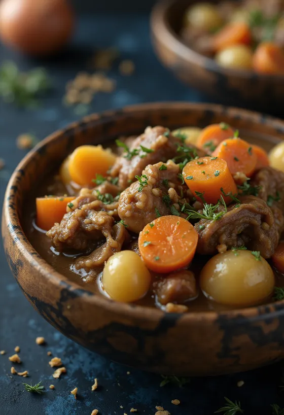 Squirrel Stew serviert in einer rustikalen Schüssel mit frischem Brot.