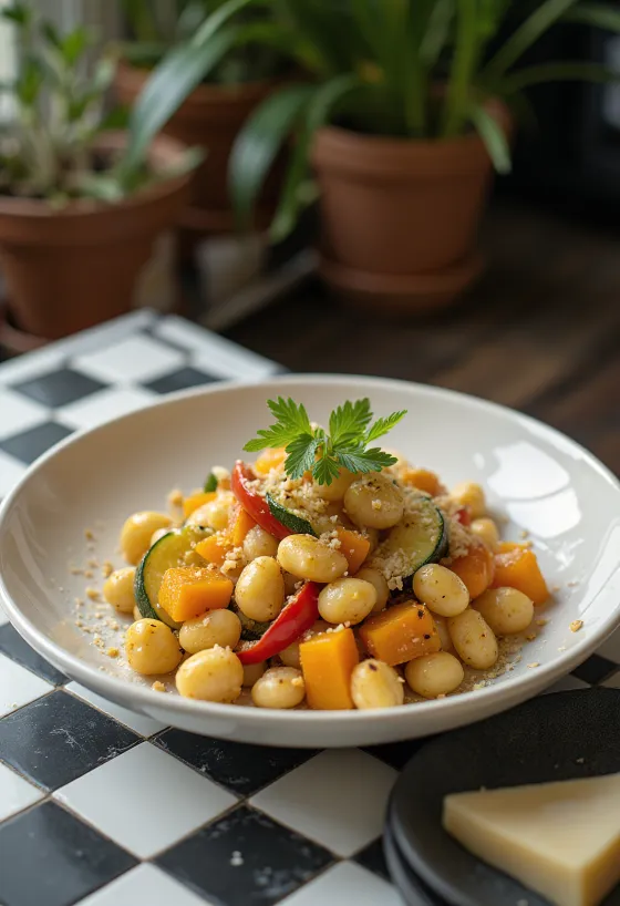 Kürbis-Gnocchi mit Gemüse serviert
