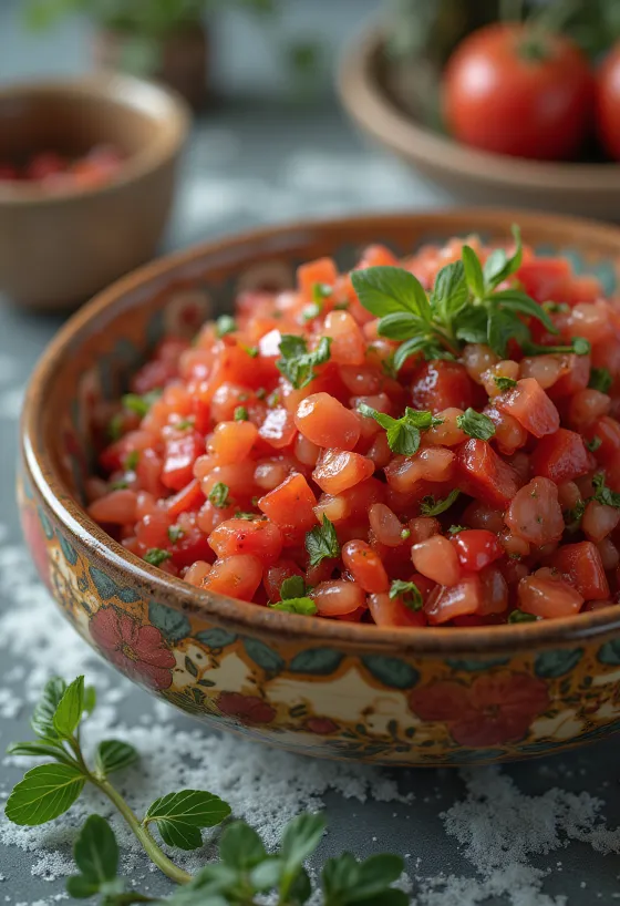 Servierte Ezme Tomatensauce mit frischem Brot