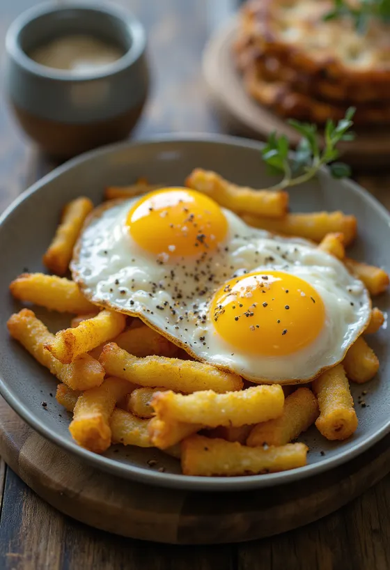 Yuca Frita mit Spiegelei, serviert mit frisch gemahlenem Pfeffer