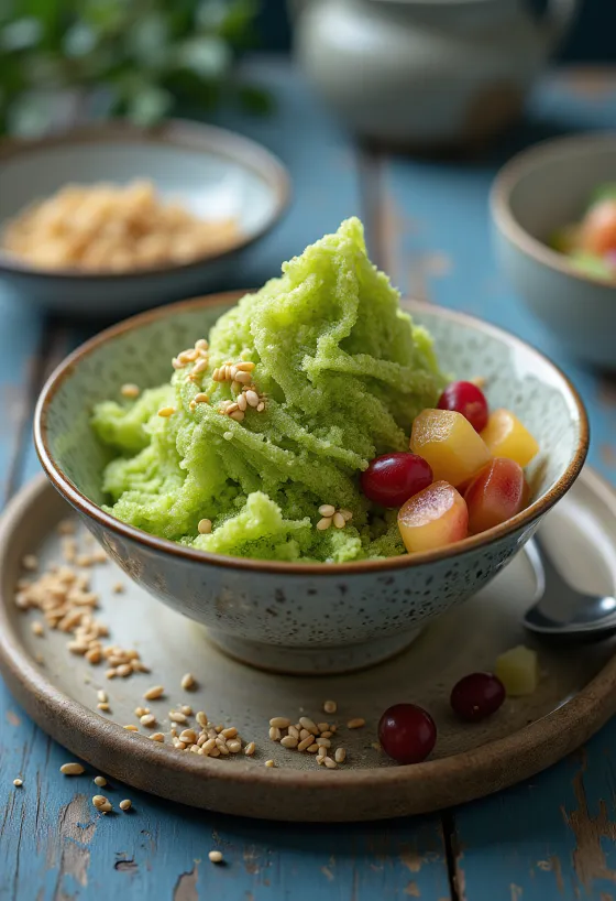 Grünes Matcha Bingsu Eis mit Erdbeeren und Milch