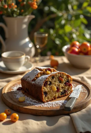 Englischer Früchtekuchen mit Trockenfrüchten und Puderzucker bestreut