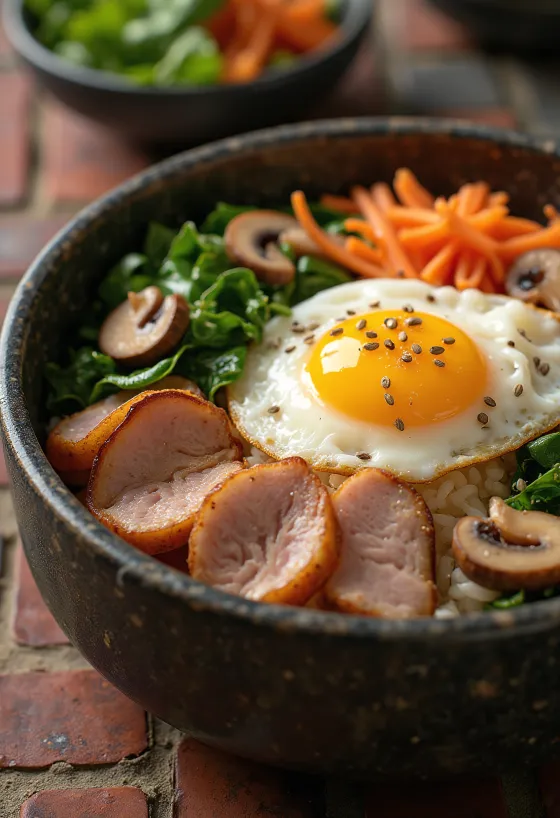 Bibimbap mit Schweinefleisch, koreanisches Schüsselgericht mit Reis und Gemüse