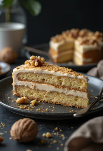 Servierte Walnuss-Sahnetorte auf einem Teller