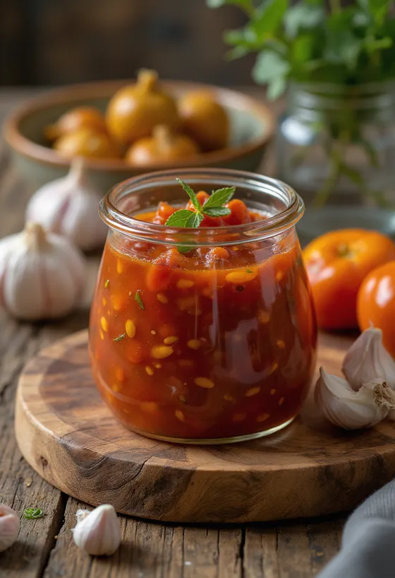 Knoblauch-Chili-Sauce serviert