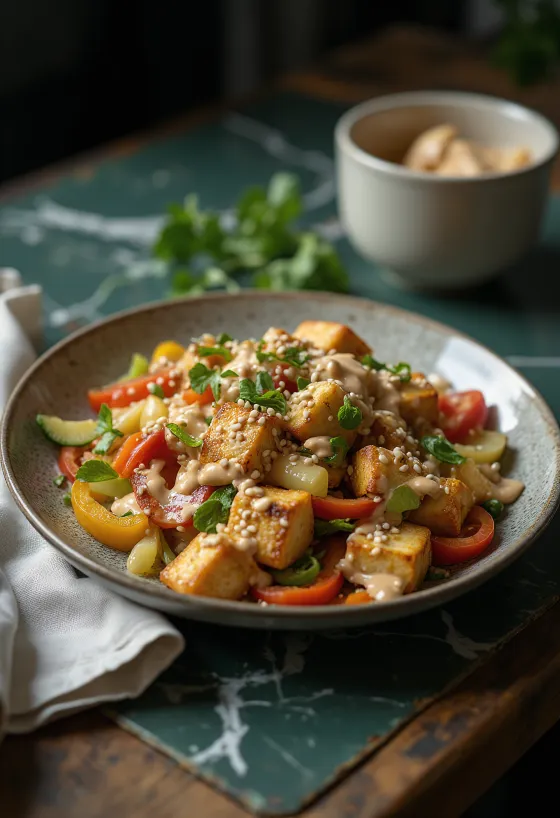 Tofu-Gemüse-Wok mit Tahini-Sauce