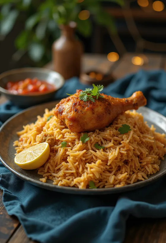 Majboos mit Hähnchen, reiches Reisgericht, serviert mit Hähnchenstücken und frischem Koriander