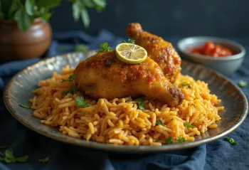 Majboos mit Hähnchen, reiches Reisgericht, serviert mit Hähnchenstücken und frischem Koriander