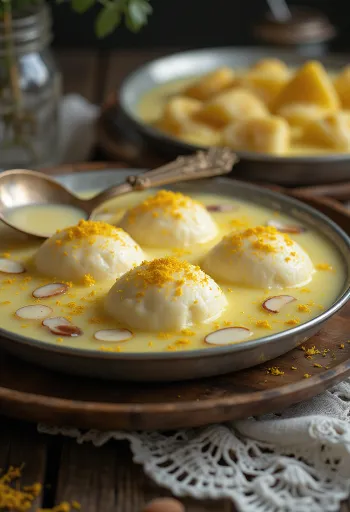 Rasmalai mit Mandeln serviert, reiches und cremiges indisches Dessert
