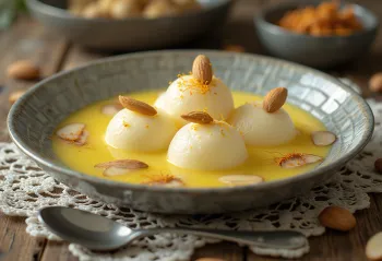 Rasmalai mit Mandeln serviert, reiches und cremiges indisches Dessert