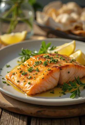 Gebratenes Lachsfilet, verziert mit knuspriger Haut und Zitronenscheiben