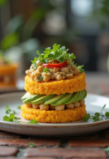 Causa Vegana, serviert mit Avocado und frischem Koriander