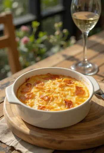 Frischer, goldbrauner Kokos-Clafoutis, servierfertig