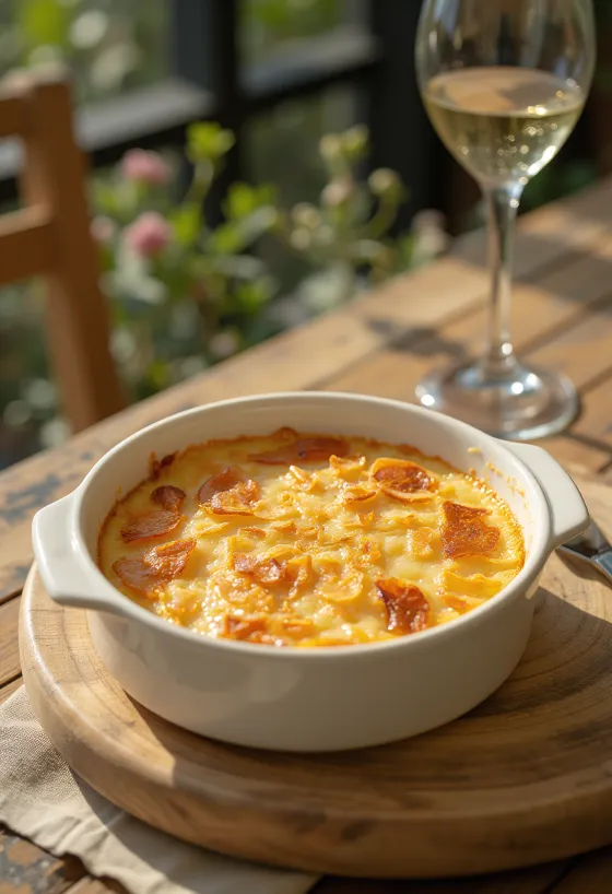 Frischer, goldbrauner Kokos-Clafoutis, servierfertig