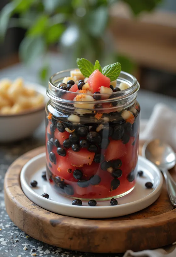 Scharf eingelegte Wassermelonenkerne im Glas serviert