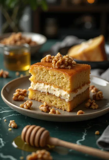 Servierte Walnuss-Honig-Torte auf einem Teller