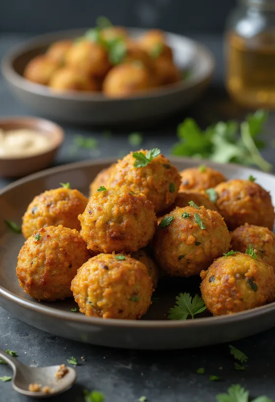 Falafel mit knuspriger goldbrauner Hülle, bestreut mit frischen Kräutern