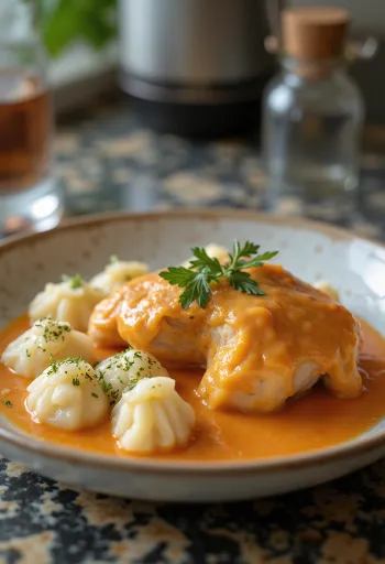 Paprikahuhn mit Schafskäse-Nockerln, traditionelles ungarisches Gericht