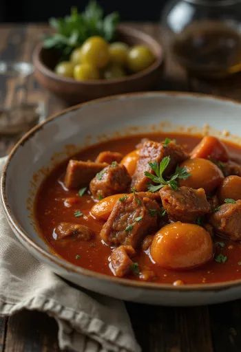 Pörkölt mit saftigen Fleischwürfeln, serviert in würziger Paprikasauce