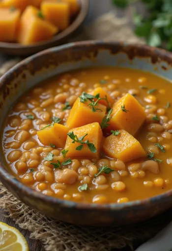 Kürbis-Linsensuppe serviert