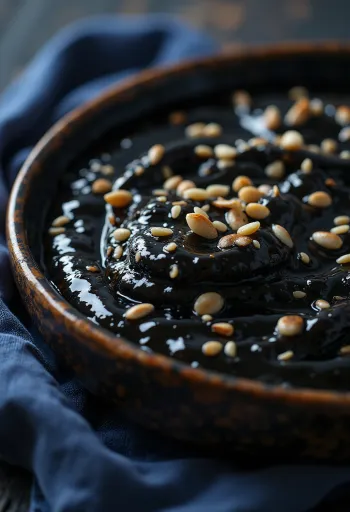 Sauce mit Schwarzem Knoblauch und Sesam in einer Schüssel, serviert mit geröstetem Sesam und frischem Ingwer.