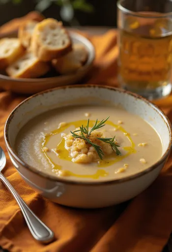 Açorda-Suppe mit Olivenöl und Knoblauch serviert, mit frischer Petersilie
