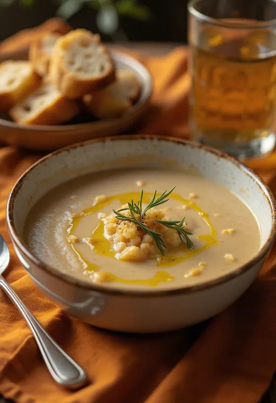 Açorda-Suppe mit Olivenöl und Knoblauch serviert, mit frischer Petersilie