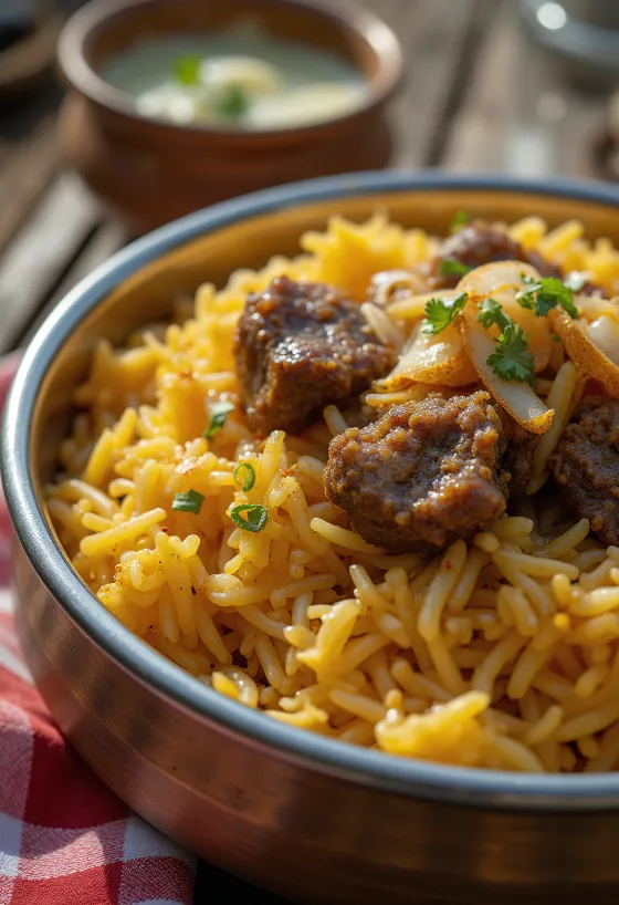 Biryani mit Ziegenfleisch, indisches würziges Reisgericht