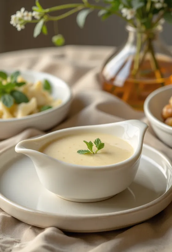Velouté-Sauce serviert zu Geflügelgerichten