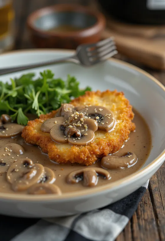 Jägerschnitzel serviert mit Pilzsoße und Petersilie