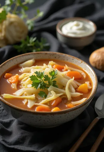 Dampfende Weißkrautsuppe reich an Gemüse und Gewürzen, garniert mit frischem Dill.
