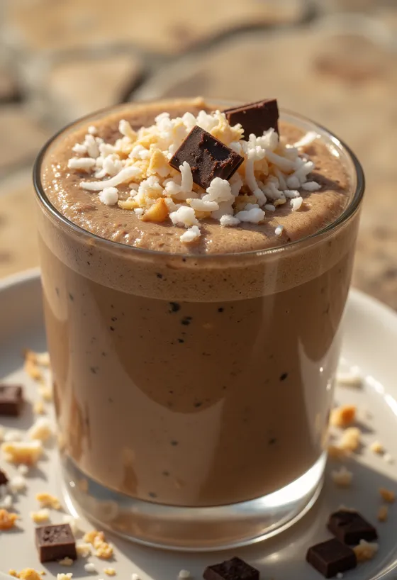 Kaffee-Kokos-Smoothie mit Kokosraspeln und Schokolade