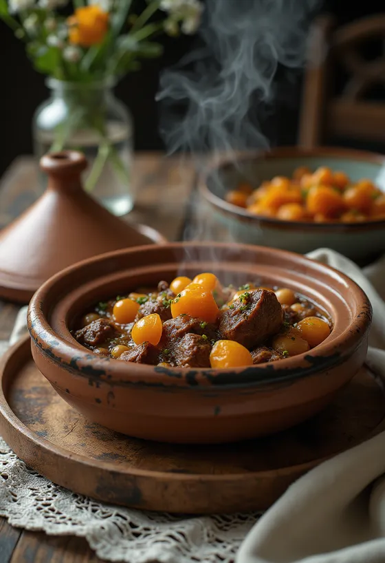 Marokkanische Tagine im Tontopf serviert, garniert mit bunten Gewürzen und Gemüse.