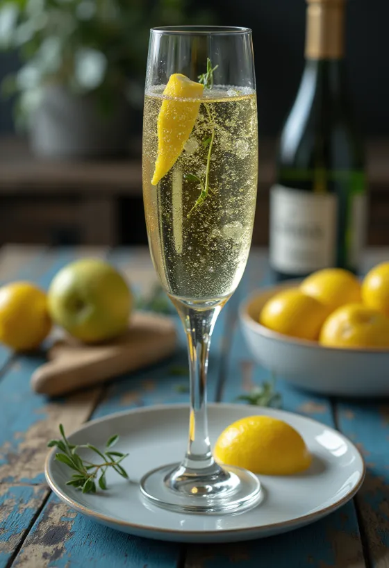 Italienischer Prosecco-Cider im Glas, mit Rosmarinzweig garniert