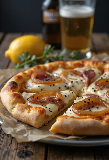 Flammkuchen-Pizza mit Schmand, Zwiebeln und Speck