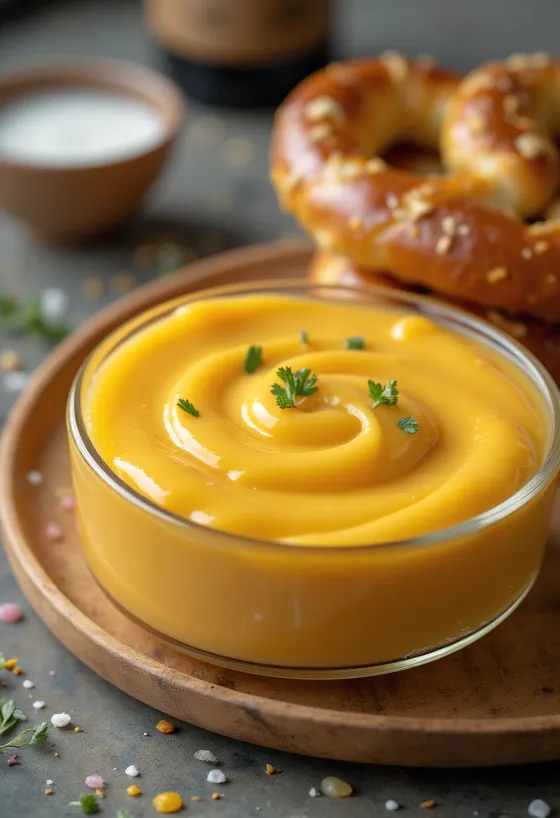 Bier-Cheddar-Sauce in einer Schüssel, dekoriert mit frischer Petersilie, neben Nachos.