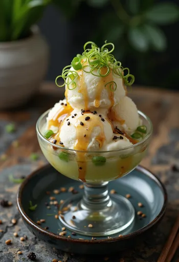 Frühlingszwiebel-Sundae mit Vanilleeis, Sesam und Sojasauce
